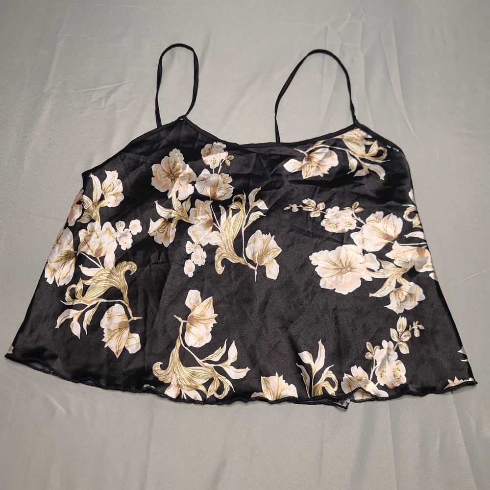 Unbranded Cami Top Womens L Black Floral Satin Adjustable Strap Lettuce Hem Boho